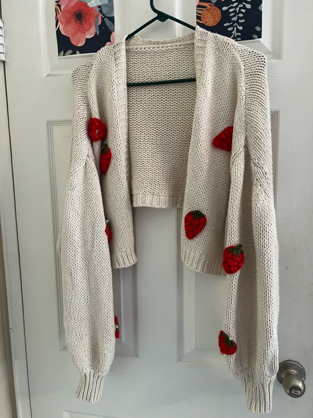 SHEIN Cream Open-Front Knit Cardigan with Red Strawberry Appliqués